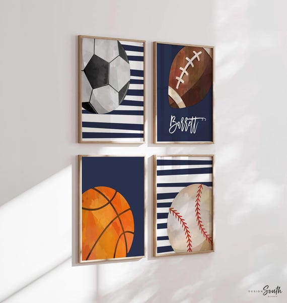 Personalized boys sports wall art set, baseball basketball football soccer prints, navy blue stripes, custom name gift, set of 4