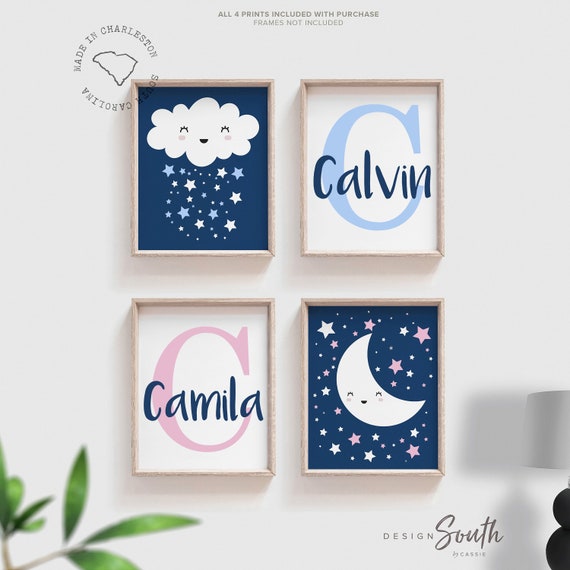 Pink blue navy twin art, boy girl nursery, twin baby decor girl boy, twin gift, boy/girl twin gift, twin nursery wall decor, boy girl room