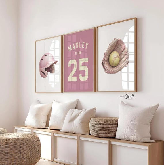 Personalized Girls Softball Wall Art Set, Pink Softball Nursery Decor, Glove Batting Helmet Print, Name Jersey Number, Softball Girl Room