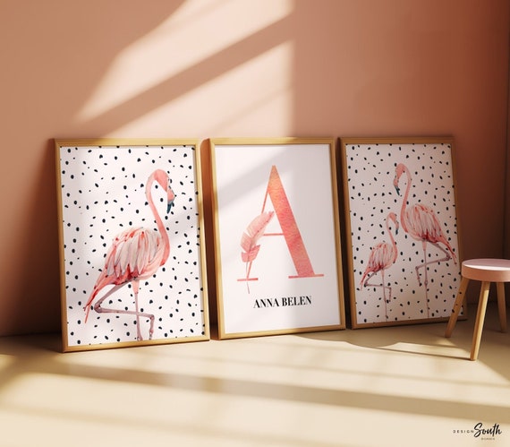 Coral watercolor flamingo, girls personalized initial name peach, dalmation mini speckle spots, trendy baby room art, coral name watercolor
