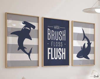 Shark Bathroom Prints: Navy Blue Nautical Art, Boys Room Decor