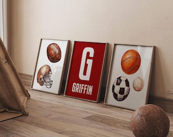 Sports Nursery Wall Art Set of 3, Red Sports Balls Prints, Football Soccer Baseball Basketball, Personalized Name, Boy Room Decor Gift