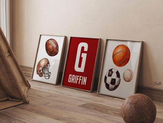Sports Nursery Wall Art Set of 3, Red Sports Balls Prints, Football Soccer Baseball Basketball, Personalized Name, Boy Room Decor Gift