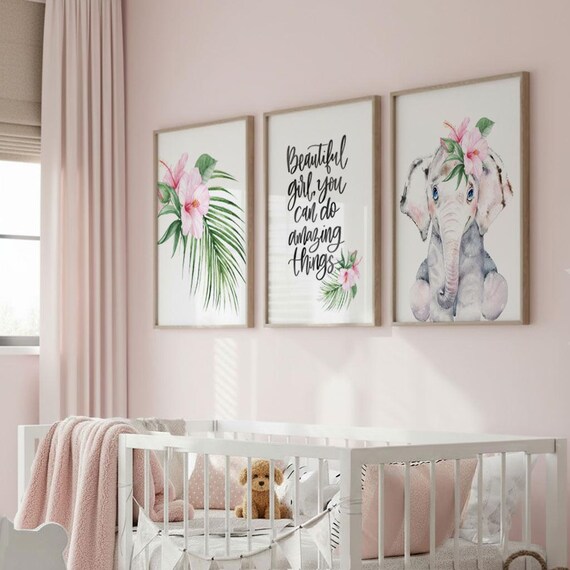Pink Safari Nursery Art: Elephant, Tropical Flowers (Set of 3)