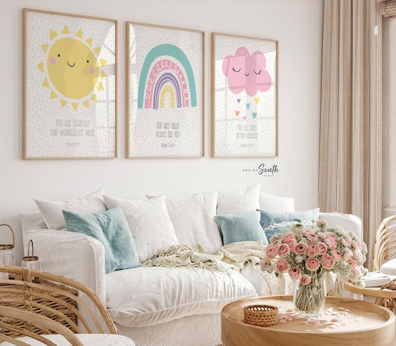 Christian Nursery Wall Art Prints: Bible Verse Decor, Rainbow Cloud