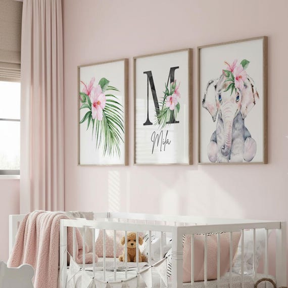Tropical Nursery Art Prints: Palm Leaf, Hawaiian Flowers, Personalized Name