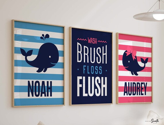 Whale bathroom decor, kids whale bathroom, twins whale bathroom, boy/girl bathroom prints, blue and pink, wash brush flush floss, bathroom