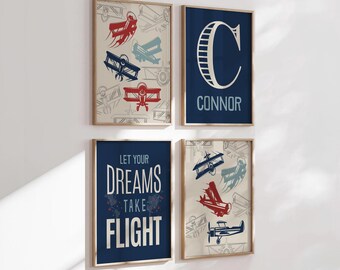 Stampe artistiche personalizzate a tema aereo per la cameretta dei bambini: decorazioni per la camera da letto a tema aviazione.