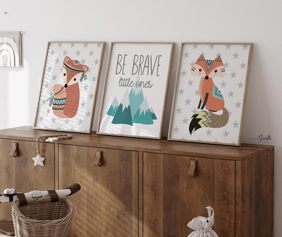 Twin woodland nursery, fox twins, neutral boy girl nursery, boy girl shared room decor, be brave little ones, kids playroom, twin baby gift