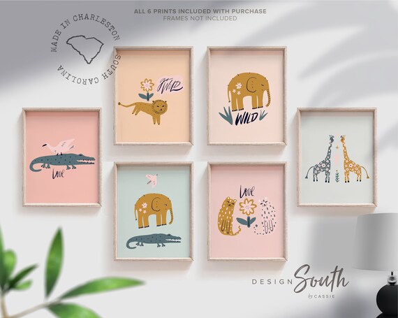 Pastel animal art, baby wall decor, floral safari animal art, baby animal art, safari nursery prints, modern jungle giraffe lion elephant