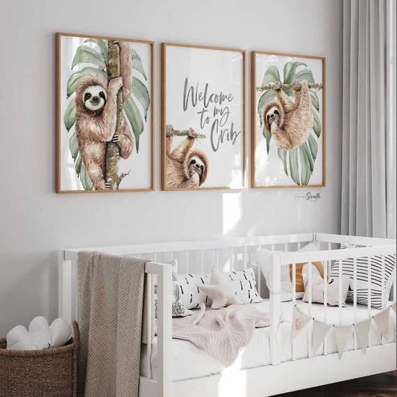 Sloth wall art set, sloth themed baby nursery, sloth nursery ideas, sloth tropical rainforest room decor, neutral sloth green gray newborn
