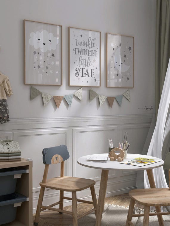 Nursery Wall Art Set of 3: Gray Moon, Cloud & Stars Prints