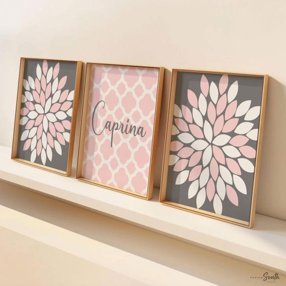 Personalized Girl Nursery Art: Pink & Gray Dahlia Prints