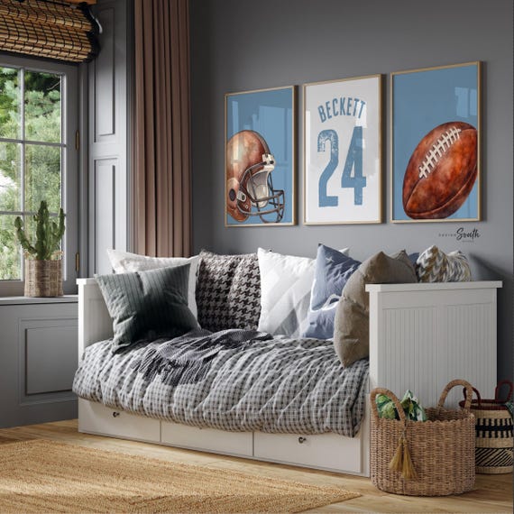 Blue Sports Bedroom or Nursery Decor: Personalized Football Name & Number Print Set