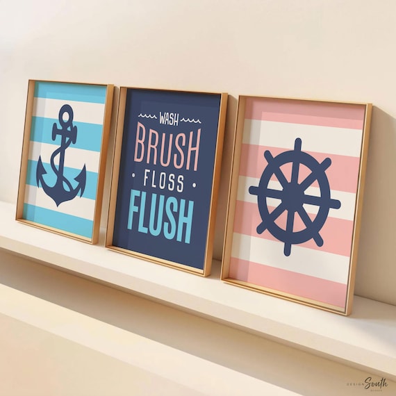 Nautical Bathroom Prints: Anchor, Ship Wheel, Wash Brush Floss Flush
