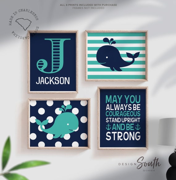Whale nursery decor, prints for boys navy blue whales, personalized print boys nursery decor, quote for boys be strong whale, nursery quote