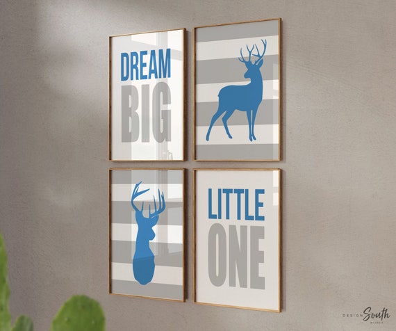 Nursery deer print, dream big little one, buck deer wall decor, deer art, nursery art for hunter, deer room, blue and gray deer, little buck