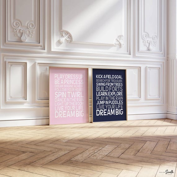 Twin nursery decor, navy blue and pink, dream big, dream big quote, quote for twins, boy girl nursery, princess quote, sports quote, art
