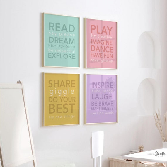 Playroom signs, cute children's play room, playroom pop of color, toy room wall art, playroom sign set, playroom ideas, play quotes for kids