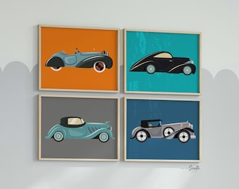 Conjunto de impressão de arte de carros antigos: decoração retrô para berçário