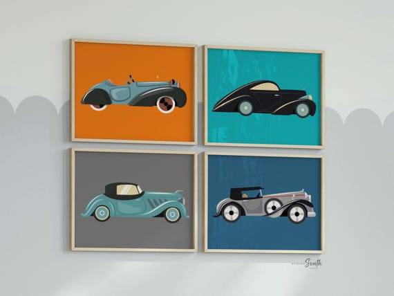 Car nursery decor, retro kids car decor, vintage car art print set, boy bedroom idea, orange gray blue boy wall, car nursery gift, car theme