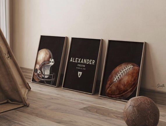 Football Nursery Wall Art Set of 3, Future All Star Print, Personalized Name Initial, Football Helmet Decor, Baby Boy Toddler Room Gift