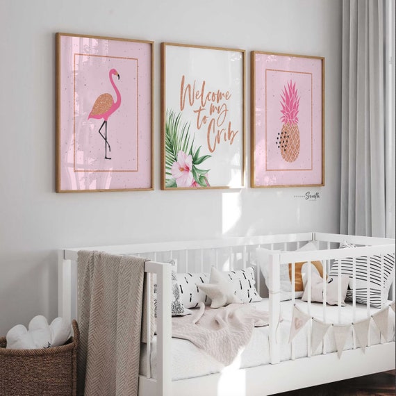 Girl nursery decor, tropical animal theme, gold and pink flamingo tropical nursery, girl nursery design, flamingo decor, pineapple art gold