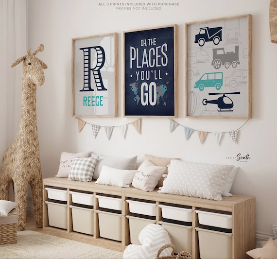 Transportation theme for boys nursery or bedroom, personalized name print for boys, oh the places you'll go, cars, turquoise and navy prints