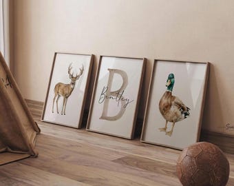 Whitetail Deer Nursery Wall Art Set of 3, Mallard Duck Hunting Nursery Decor, Personalized Baby Boy Name Prints, Buck Antler Art
