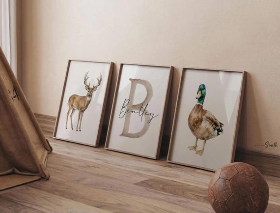 Whitetail Deer Nursery Wall Art Set of 3, Mallard Duck Hunting Nursery Decor, Personalized Baby Boy Name Prints, Buck Antler Art