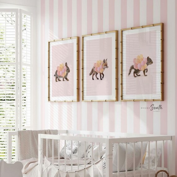 Woodland Animal Nursery Prints – Fox, Bunny & Squirrel with Pink Balloons – Set of 3 Girl Room Wall Art