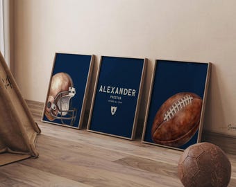 Navy Blue Sports Nursery Wall Art Set of 3, Football Helmet & Personalized Name Monogram, Future All Star Baby Boy Decor