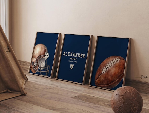 Navy Blue Sports Nursery Wall Art Set of 3, Football Helmet & Personalized Name Monogram, Future All Star Baby Boy Decor