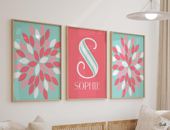 Girls bedroom wall prints floral, nursery wall decor monogram dahlia, monogrammed art, girls letter initial wall print, gift for girl coral