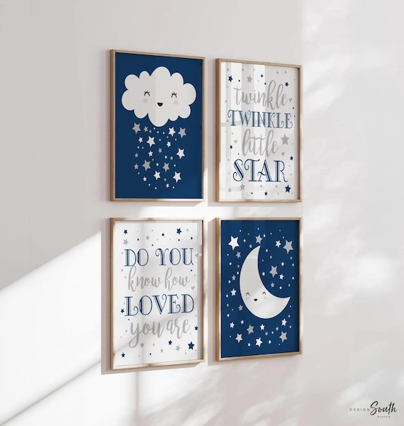 Moon and Stars Nursery Art: Navy Blue Celestial Decor