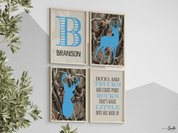 Camo nursery decor, boys nursery decor, buck deer nursery art for boys, eight point buck, hunting theme, ducks and trucks, blue and camo