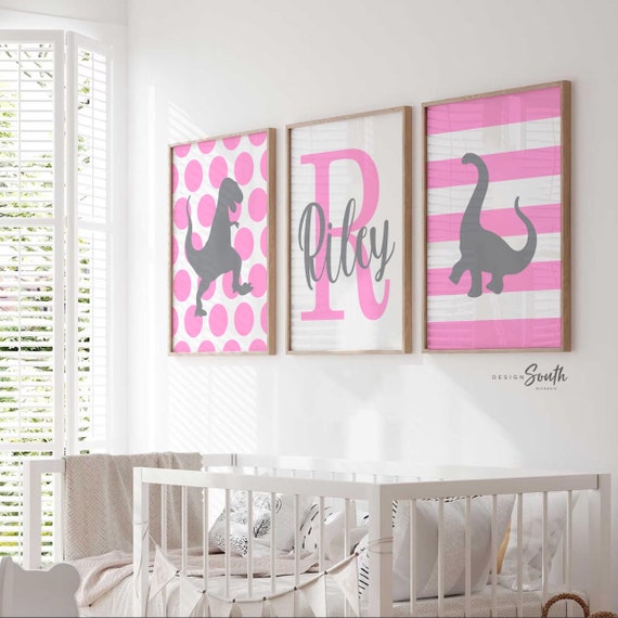 Pink gray girls dinosaur nursery art, girl dinosaur art, baby girl dinosaurs, girl dinosaur wall art, girls bedroom, girls bedroom dinosaurs