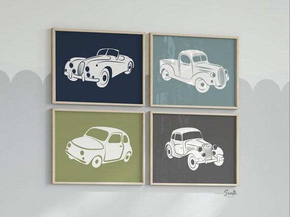 Vintage car and truck decor, vintage car decor, boys transportation prints, transportation nursery theme, boys car nursery, green blue gray