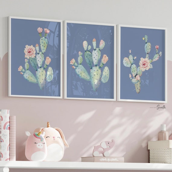 Bedroom wall decor, cactus art for bathroom, adult bathroom decor, nursery decor wall prints, mint pink floral art, succulent bathroom art