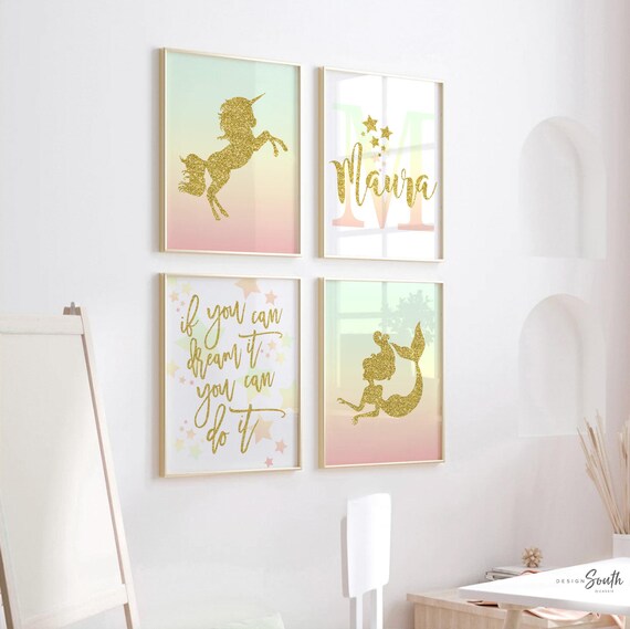 Unicorn room decor personalized name, art prints rainbow unicorn nursery art, wall art set gold glitter nursery, inspiring art girl bedroom