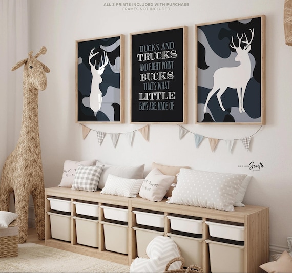 Hunting theme kid room, deer prints bucks, boy nursery decor hunting quote, navy blue camouflage decor for boys room, ducks trucks bucks kid