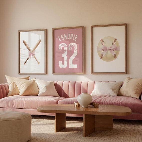 Softball Nursery Wall Art Set, Pink Bats, Bows, Personalized Name Print