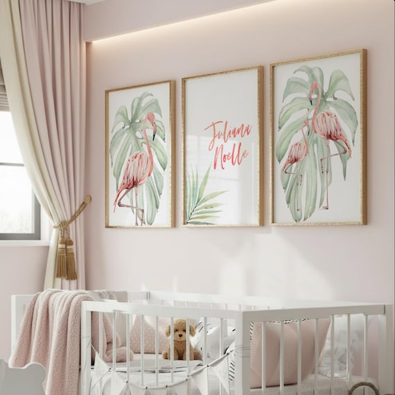 Flamingo Nursery Art Prints: Tropical Baby Room Decor, Personalized Name