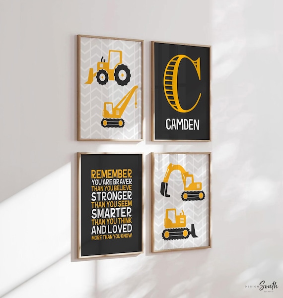 Construction Truck Prints: Yellow & Gray Boys Nursery Decor