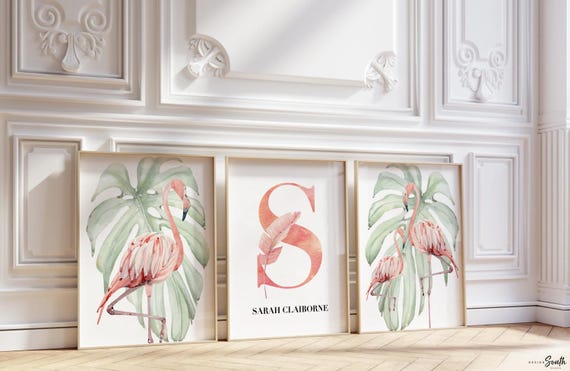 Tropical flamingo nursery, pink green nursery tropical baby, monstera leaf tropical theme baby, trendy nursery wall art decor baby girl gift