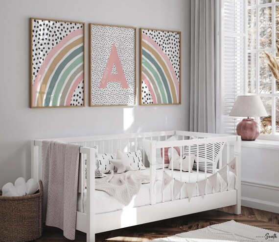 Rainbow nursery art, wall art rainbow themed room, personalized name signs, girl's wall art for bedroom, modern toddler girl room art ideas
