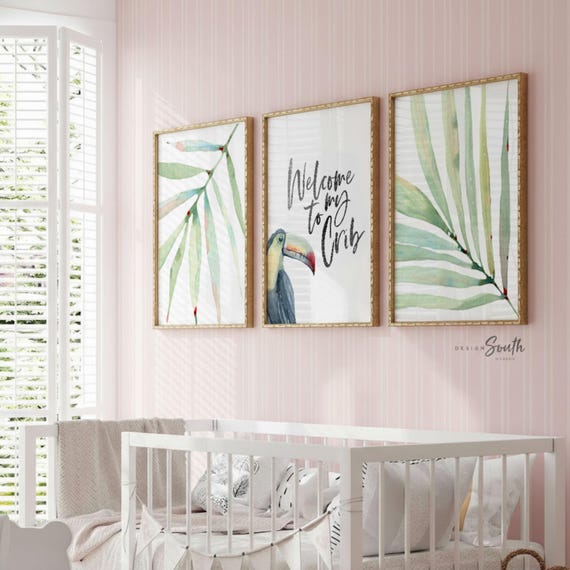 Tropical Nursery Art Prints: Toucan, Palm Leaf, Modern Baby Decor