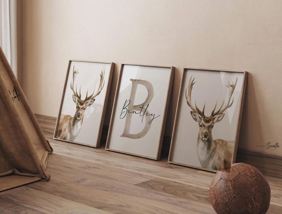 Watercolor Deer Nursery Art: Personalized Name Prints, Neutral Forest Decor