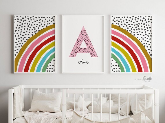 Rainbow nursery monogram art print, baby girl monogram nursery wall art, custom bedroom kid art, rainbow monogram letter, playroom wall art