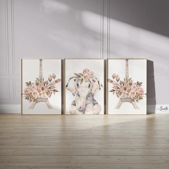 Paris Nursery Decor: Eiffel Tower, Roses, Elephant - Set of 3 Prints